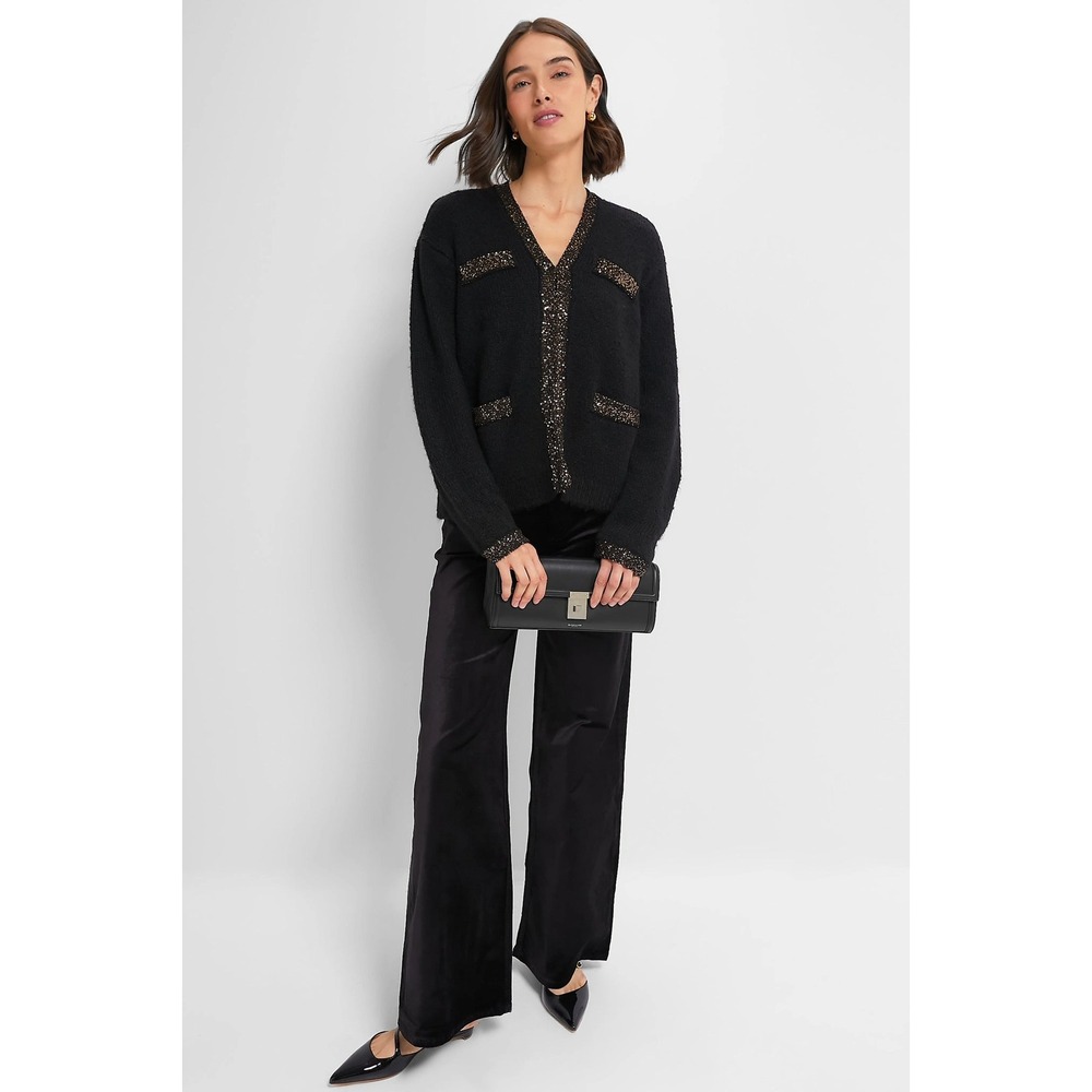 047 Tuckernuck Black Gold Metallic Trim Open Front Cardigan Sweater (S/NWT)